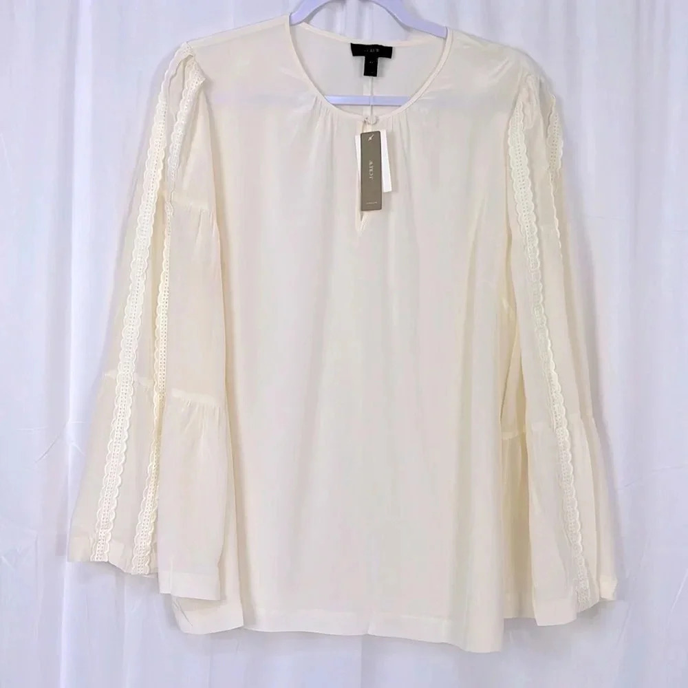 J.Crew NEW Women’s Tall 16 Long Lace Detail‎ Bell Sleeve 100% Silk Cream Blouse